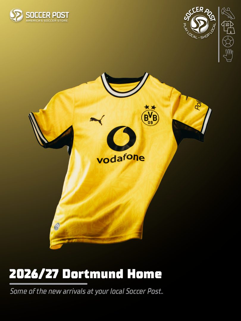 Soccer Post new arrivals graphic: Borussia Dortmund 2026/27 home jersey on the template overlay