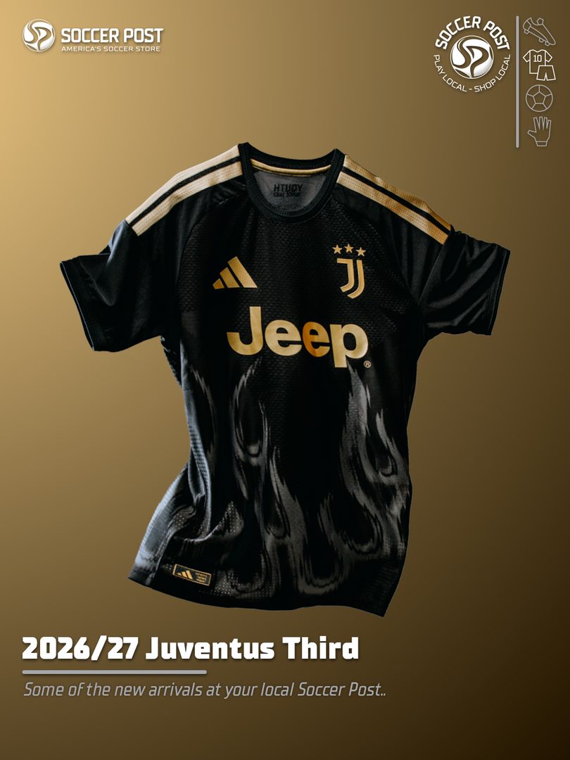 Soccer Post new arrivals graphic: Juventus 2026/27 third jersey on the template overlay