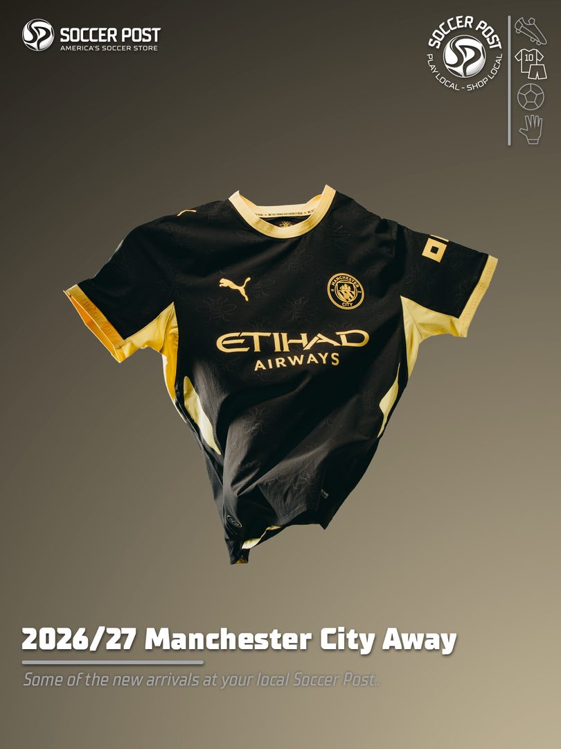 Soccer Post new arrivals graphic: Manchester City 2026/27 away jersey on the template overlay