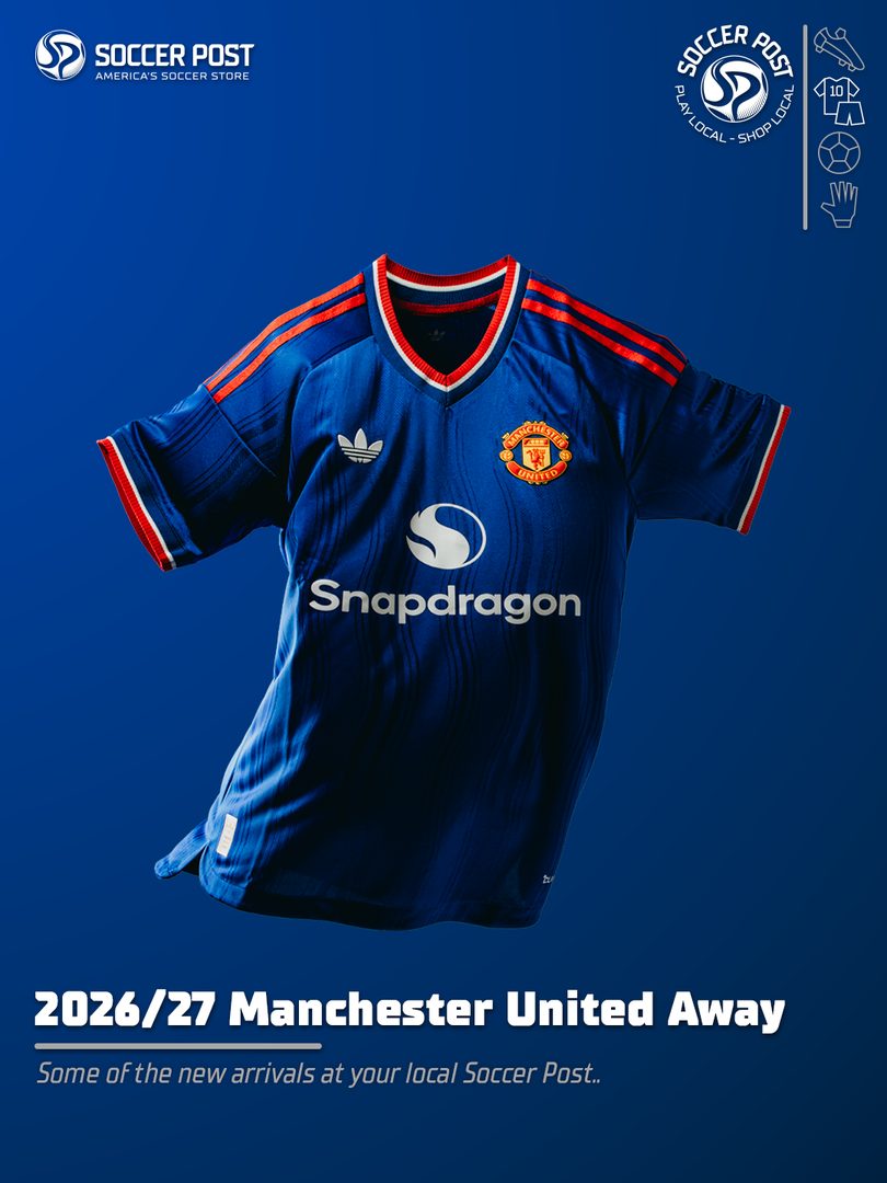 Soccer Post new arrivals graphic: Manchester United 2026/27 away jersey on the template overlay